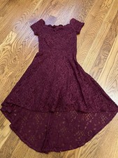 City Studio Dress Sz 3 Maroon Lace/Glitter Off Shoulder Hi/Low Fit…preowned
