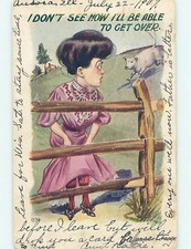 Pre-Linen fashion WOMAN IN LAVENDER COLORED DRESS AT FENCE : clearance HL3004