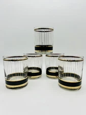 Set of 5 Vtg MCM Culver Devon Black 22k Lowball Whiskey Old Fashioned Glasses