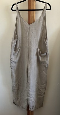 Final Touch Gray Linen Sleeveless V-Neck Wide-Leg Jumpsuit Pockets L