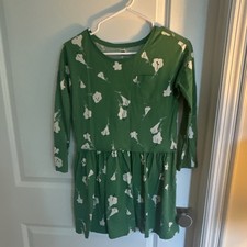 Tea Collection Girls 10 Green/White Floral Knit Fit & Flare Dress Long Sleeve