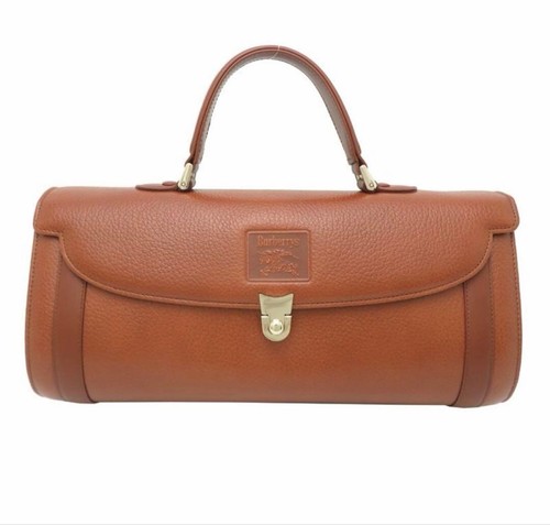 Burberry Brown Leather Top Handle Turn Lock Handbag Gold Auth