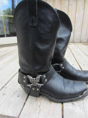 Texas Harness Square Toe Biker Boots Mens 9 EE Black Leather Pull On Riding USA