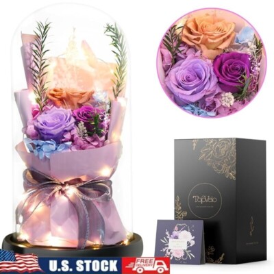 Large Preserved Flower Bouquet Glass Dome W/ Greeting Card Valentine's Day Gift