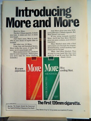 more cigarettes where to buy MORE 120S FILTER CIGARETTES ORIGINAL 1975 ADVERTISEMENT, RARE EPHEMERA