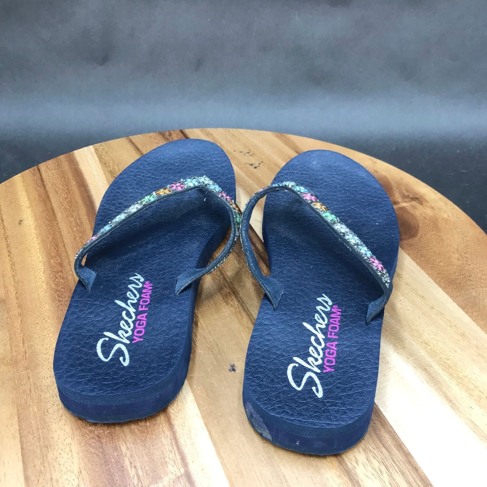 Skechers Yoga Foam Embellished Blue Flip Flops Thongs… Gem