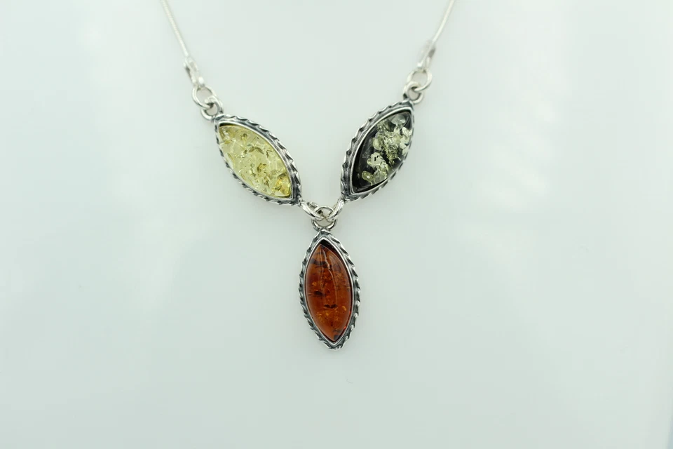 Collana In Ambra Tricolore In Argento Sterling 925 Ca 42 Cm - Immagine 2 di 4