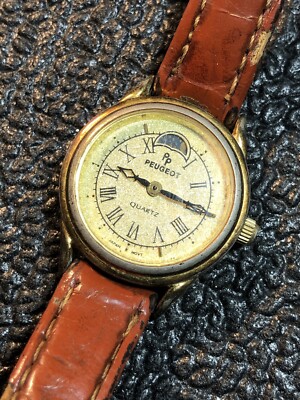 Vintage PEUGEOT Women's Sun/Moon Phase Watch Gold Tone