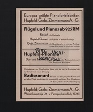 LEIPZIG, Werbung 1930, Hupfeld-Gebrüder Zimmermann AG Pianoforte-Fabrik
