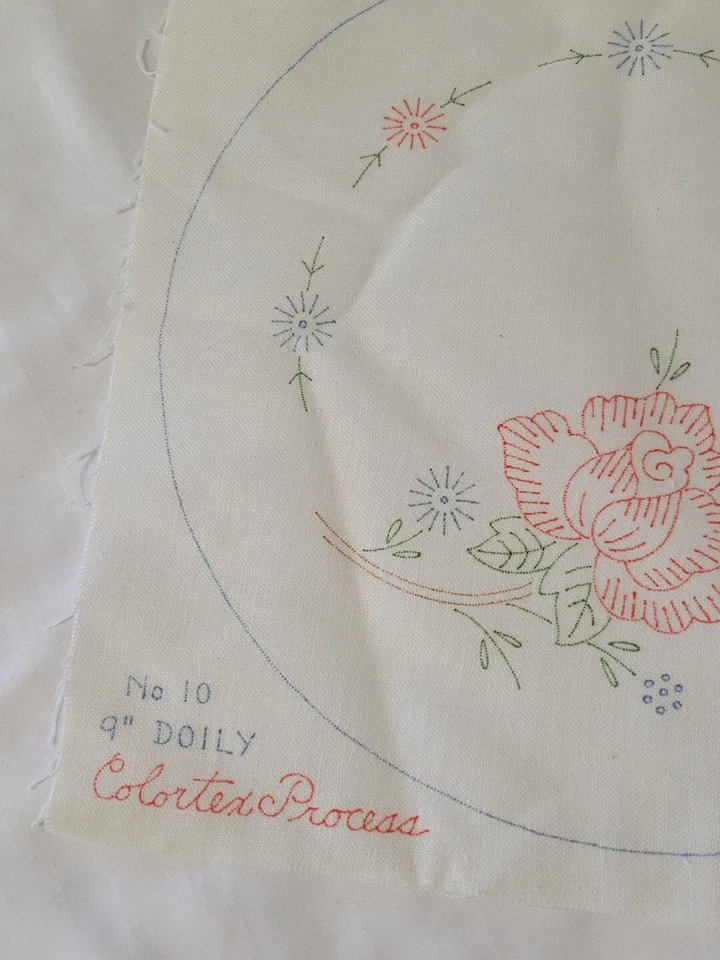 Vintage Linen Stamped Cross Stitch Embroidery 9x9 Floral Rose Doily Pattern  - Image 2 of 4