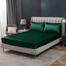 1 Twin Satin Fitted Sheet, Blackish Green, Deep Pocket, Luxury, Ultra Soft