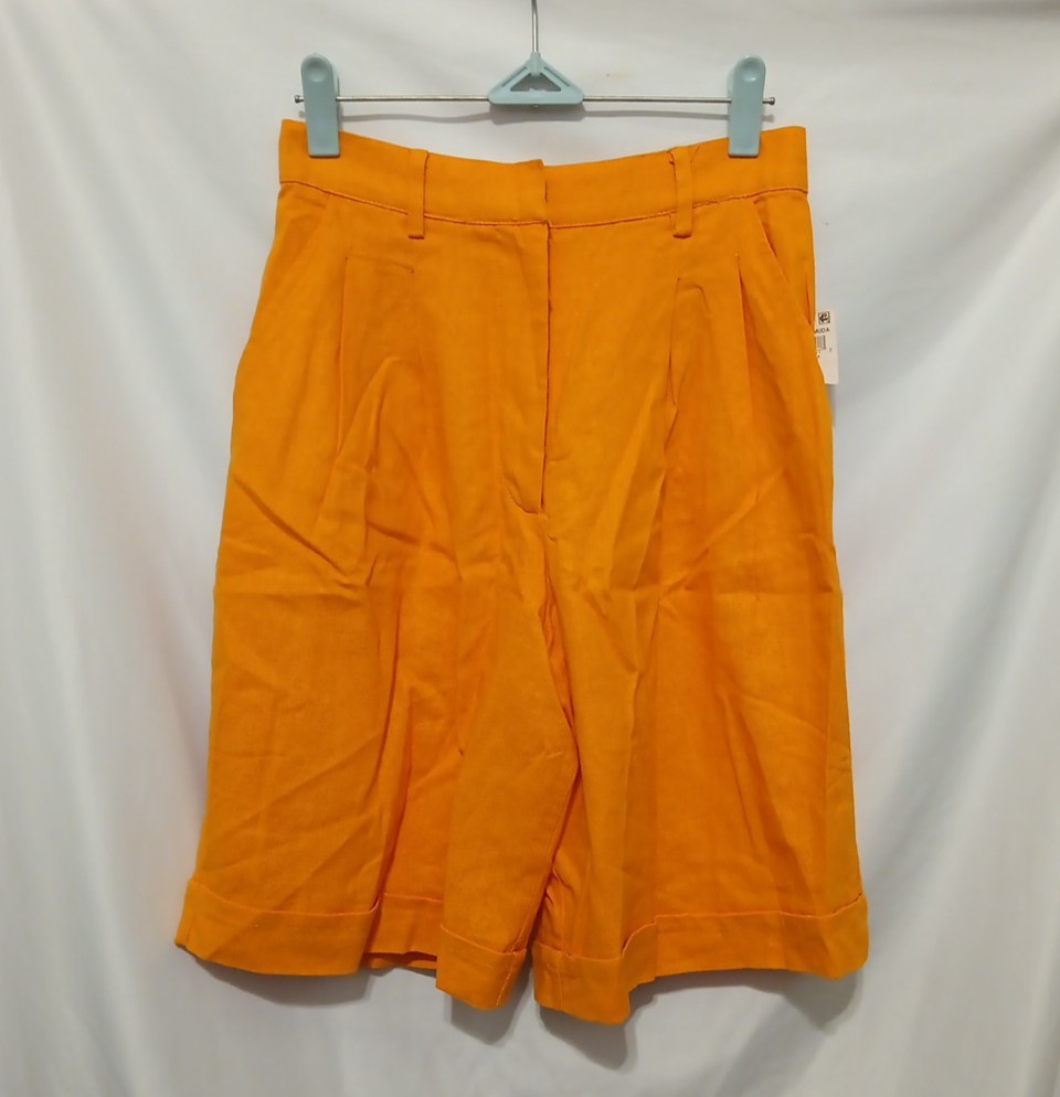 AND NOW THIS Hi Rise Pleated Linen Blend Bermuda Shorts Women XS Mango Orange