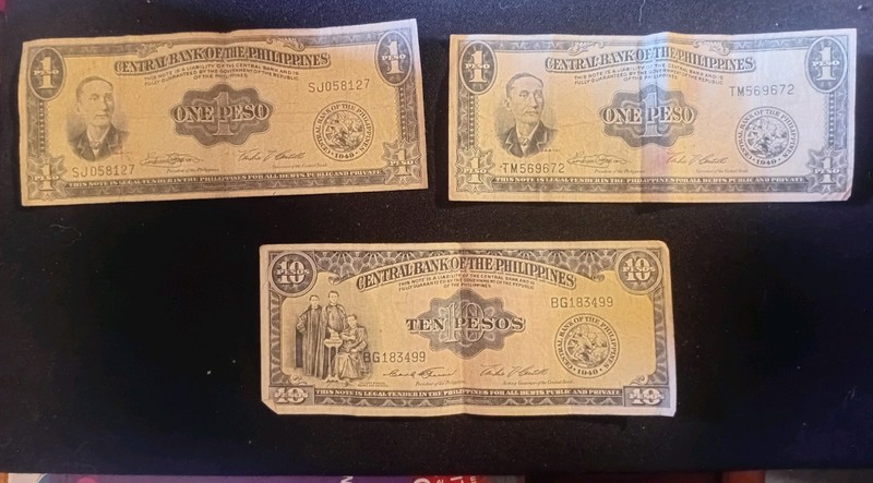 3 NOTES_1949 Philippine 10 AND PesoS banknote Central Bank of the Philippines