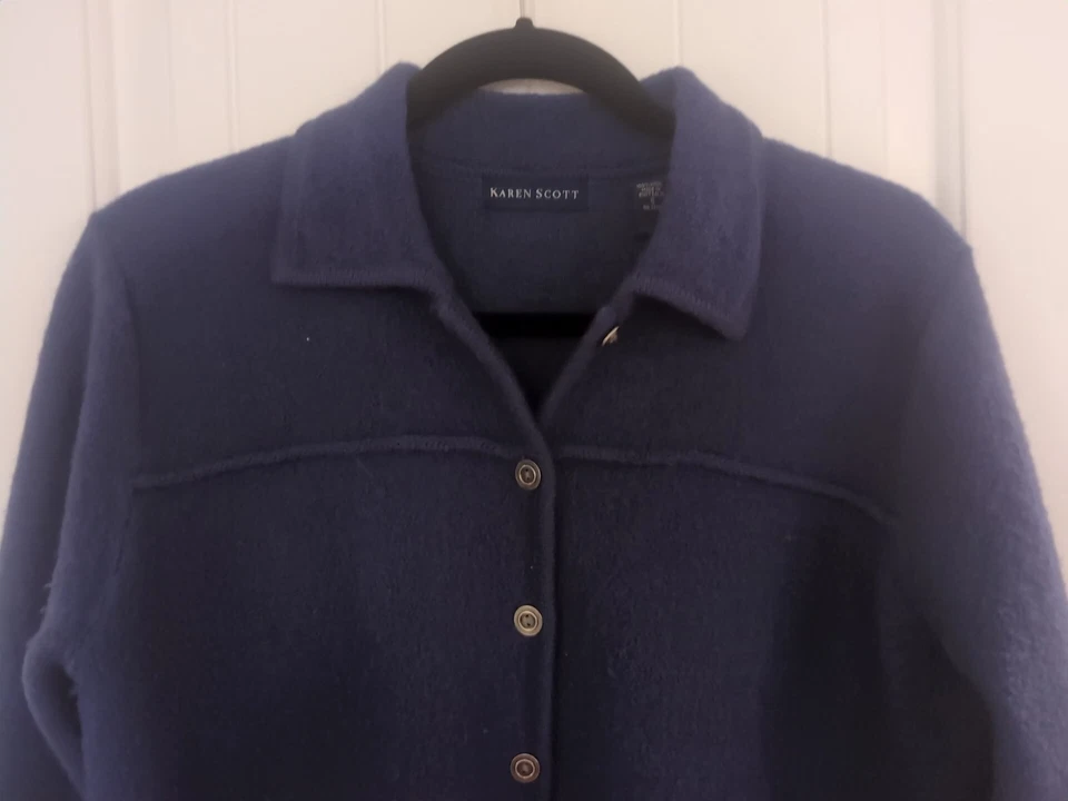 Cárdigan Suéter Karen Scott Para Mujer Talla S 100% Lana Azul Marino Preppy Acogedor Foto 3 de 4
