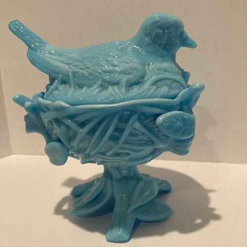 Westmoreland Blue Milk Glass Robin on Nest Candy Dish