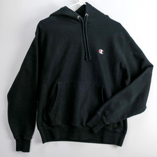 Champion Reverse Weave Hoodie Men's Medium Black Pullover Sweatshirt Logo