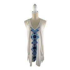 Mud Pie White Blue Sleeveless Geometric Embroidered Shift Dress Women Size Small