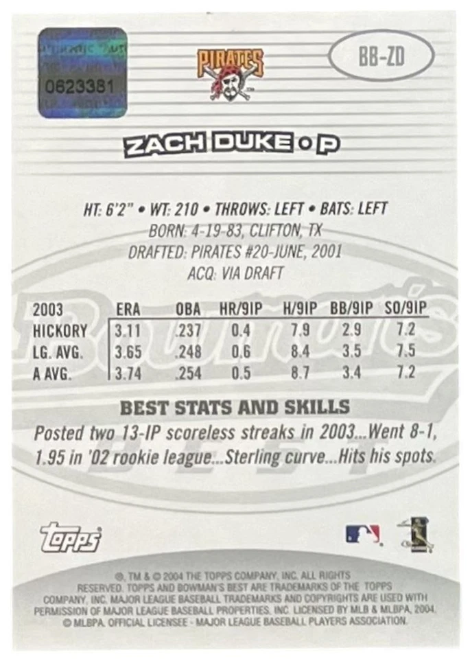 2004 Bowman's Best #BB-ZD Zach Duke RC Pittsburgh Pirates Auto - Image 2 of 2
