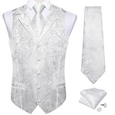 Mens Waistcoat WHITE Paisley Vest Necktie Hankie Cufflinks Wedding Casual