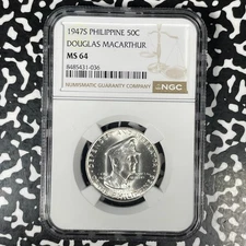 1947-S Philippines MacArthur 50 Centavos NGC MS64 Lot#G1448 Silver! Choice UNC!