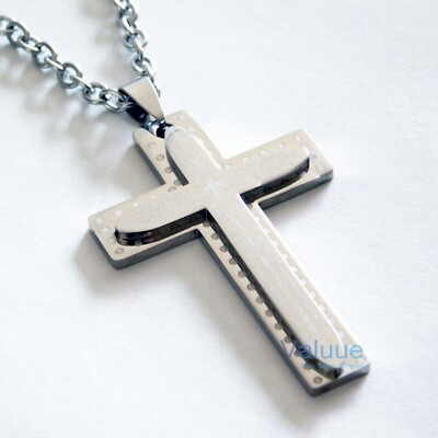 Lord's Prayer Cross Pendant Necklace Stainless Steel Silver Padre