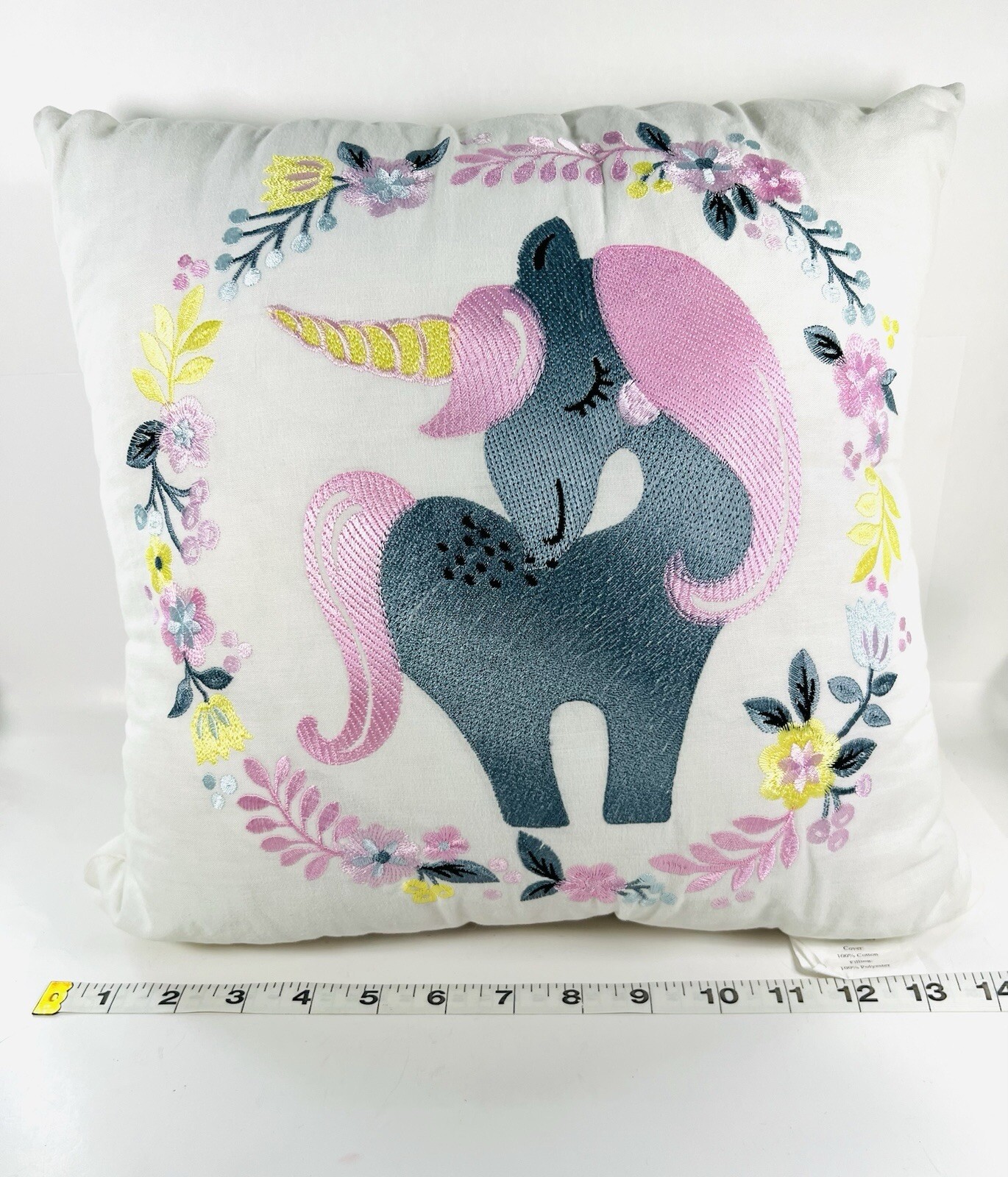 Urban Habitat Kids Child Girls Pink Gray Embroidered Unicorn Floral Pillow