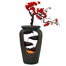 Flower Vase Waterfall Table Top LED Light Indoor Water Fountain FengShui Decor
