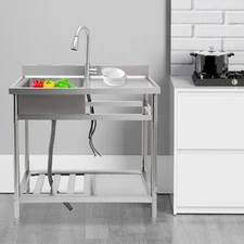 Stainless Steel Freestanding Kitchen Restaurant Sink Set with Workbench LeftBowl
