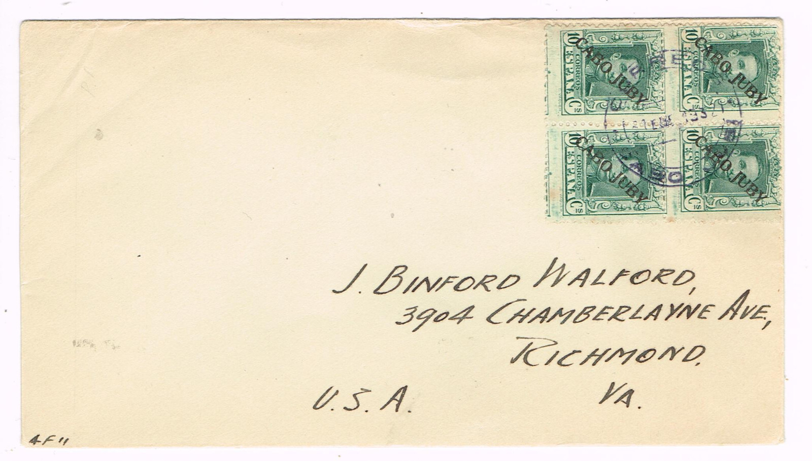 Capa Juby Sc#26 (bloque de 4) CORREOS CABO JUBI 31/ENE/32 a EE. UU.- menor