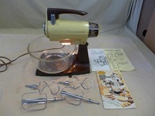 Vintage SUNBEAM MIXMASTER Yellow Mixer w/Attachments, Fire King Bowl, Manual