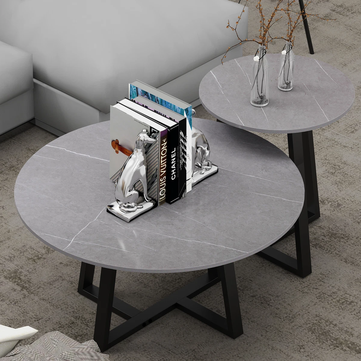 2pcs Round Nesting Coffee Tables Compact Stacking Side Tables Grey Marble Top