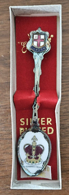 Exquisite silverplate London spoon collector Saint Edwards crown enameled in box