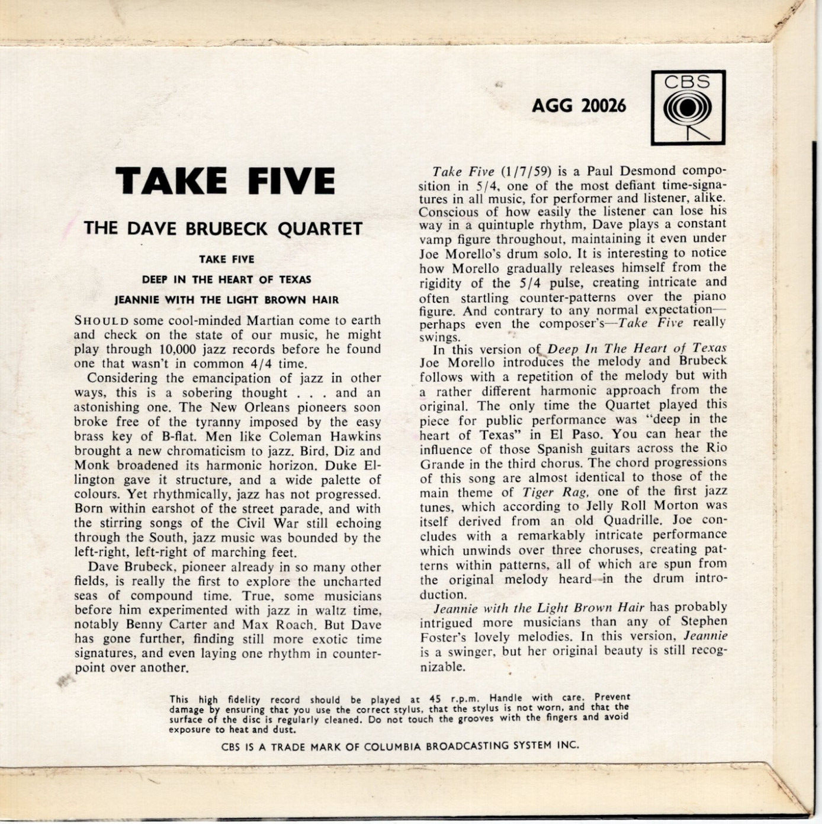 DAVE BRUBECK ~ Take Five EP ~ 1961 UK CBS record 3-track 7