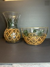 Vintage Pineapple Bowl & Vase Hand Crafted Romanian Crystal Gold Rim NIB