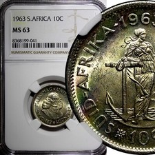 South Africa Silver 1963 10 Cents Jan van Riebeeck NGC MS63 GEM BU KM# 60 (041)