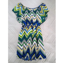 Colorful Dress Vintage Dress Green Blue Chevron Design Lightweight Summer M