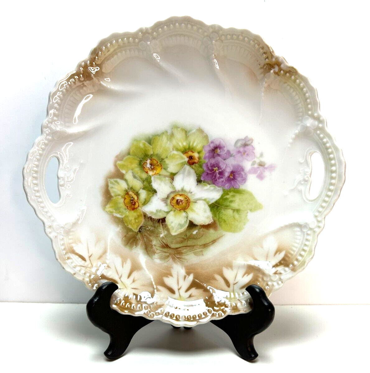 Antique 9-inch German hand-painted floral cake plate with double handles