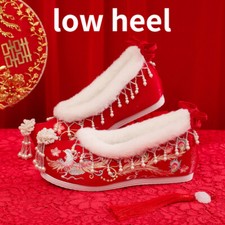 Red Women Fleece Lined Shoes Warm Tassel Beaded Embroidered Bride Wedding Ethnic