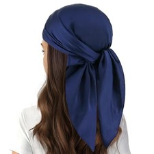 Head Scarf for Women Hair 27'' Square Satin Silk Feeling C82 . Navy Blue