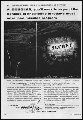 1957 Douglas Aircraft Nike Honest John Thor IRBM Sparrow Secret Missile Print Ad
