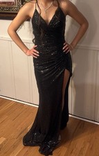 Black Sequin Mermaid Gown Strappy Sleeveless V-Neck Side Slit Long Formal