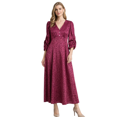 Emma & Michele Burgundy Jacquard Floral Midi Maxi Dress Puff Sleeve V Neck Sz Lg