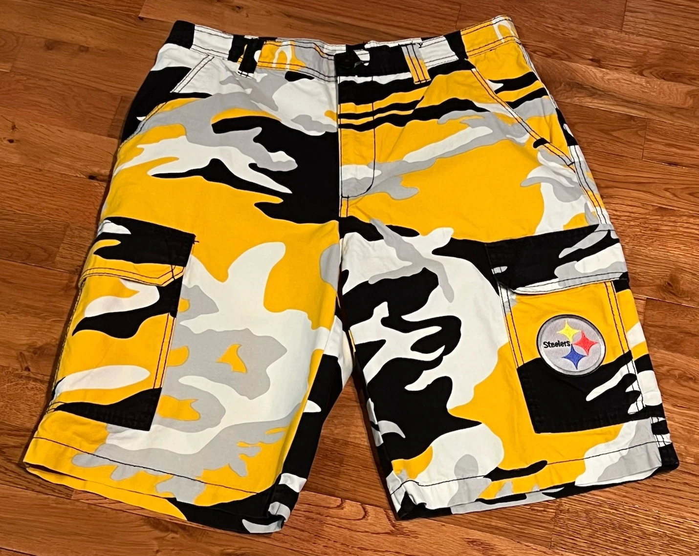 football Team Apparel Pittsburgh Steeler Men Cargo Shorts Black Gold Camo