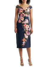 Eliza J Women's Floral Print Scuba Sheath Sleeveless V Neck Navy Dress Size 12