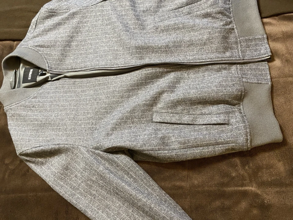 mens express Wool Blend Pinstriped Gray/white bomber jacket Small - Image 3 of 4