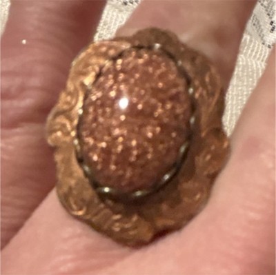 Vintage Goldstone Cocktail Ring Copper Gold Tone Ornate Oval Bezel Adjustable
