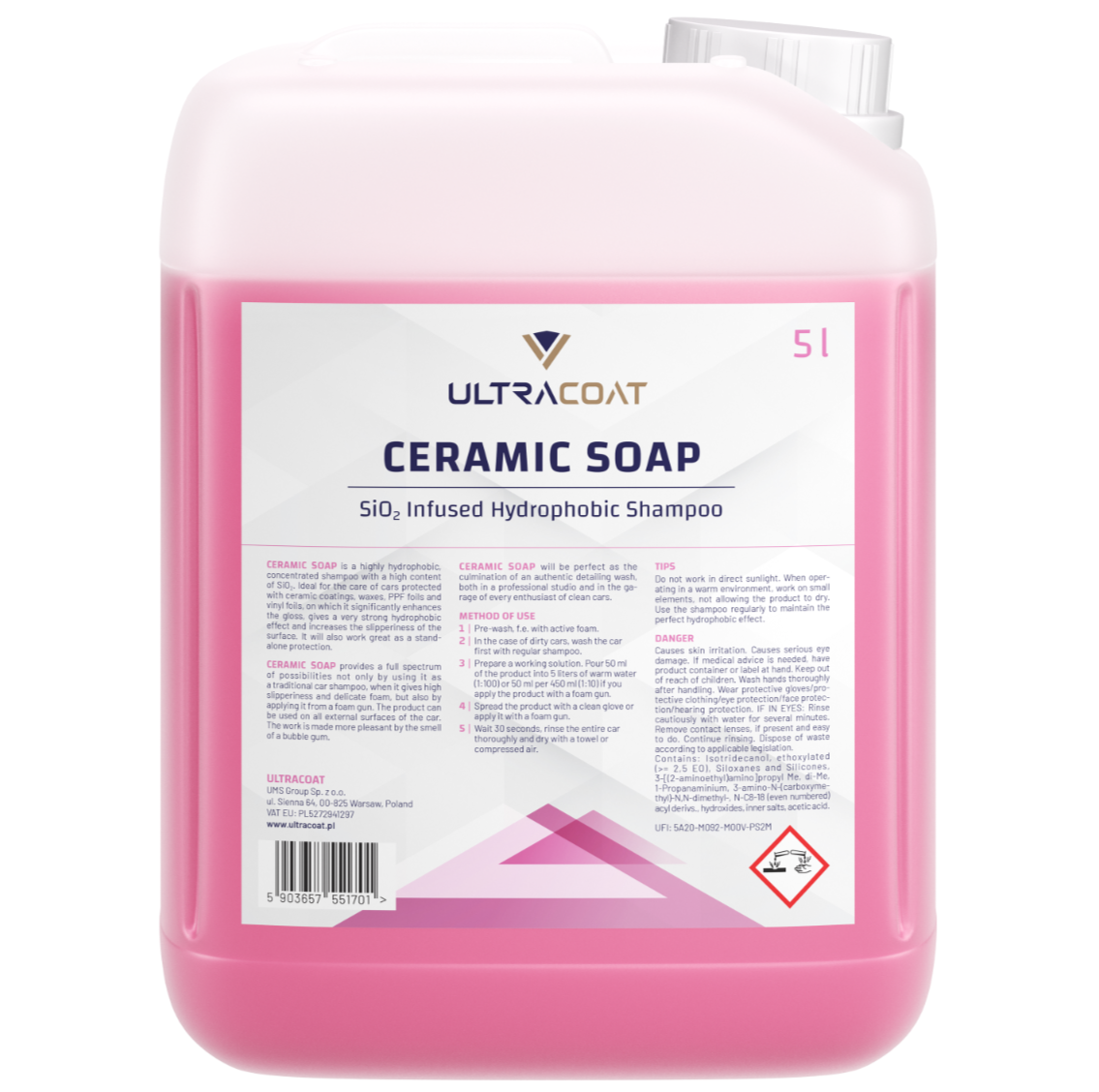 Ultracoat Ceramic Soap 5 Litre– SiO2 Shampoo Hydrophobic Gloss & Sealant Booster