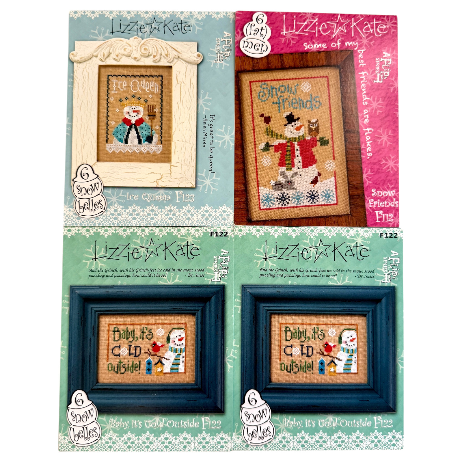 Lizzie Kate Cross Stitch Charts Lot of 4 F112 F122 F123 Snow Belles Fat Men New