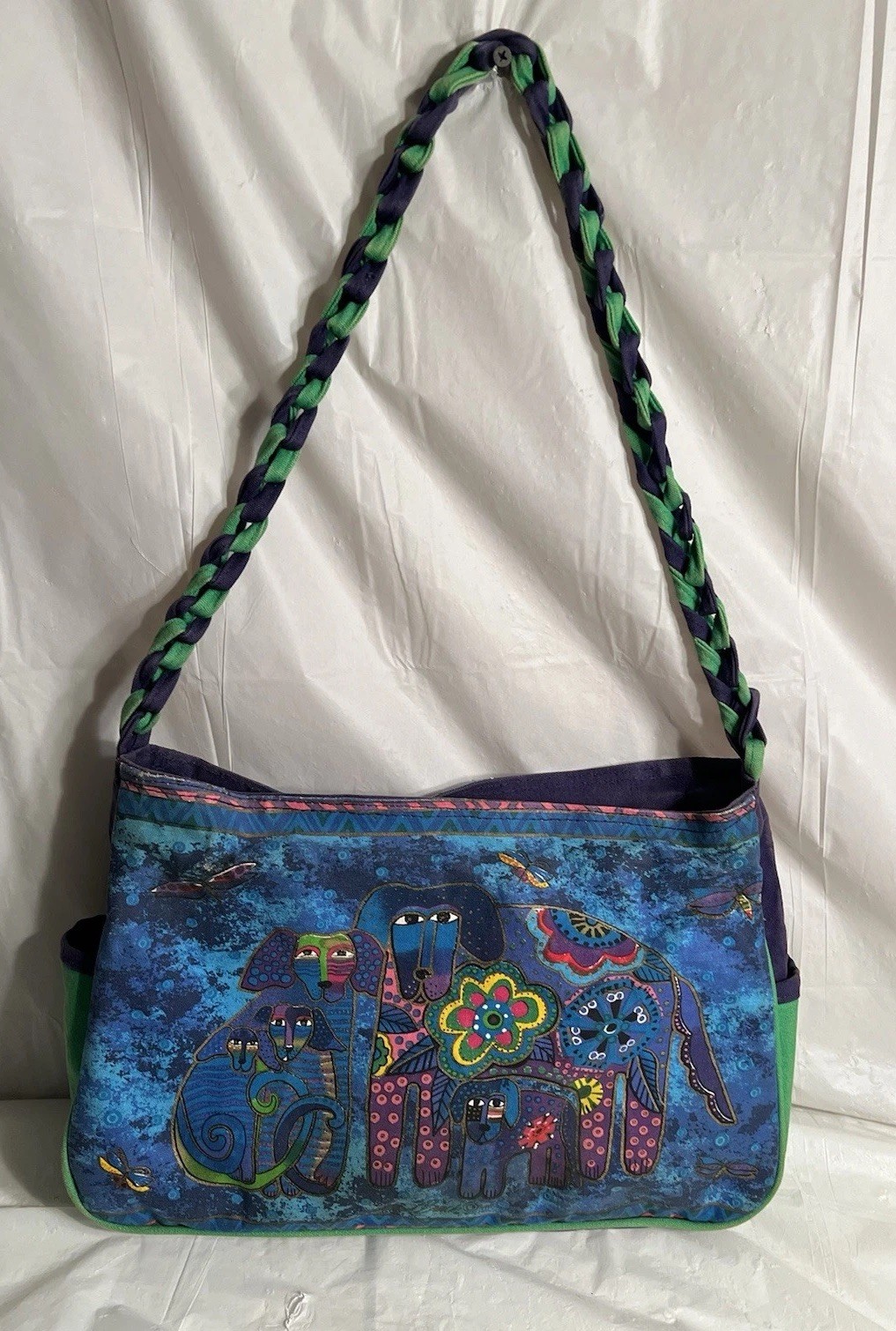 Laurel Burch Canvas Purse Tote  Hobo Bag   Blue/Green Dogs Canine Family