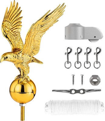 PPQ Flag Pole Eagle Topper 11'' Gold & Parts Hardware Repair Kit. 50FT Halyard Ro